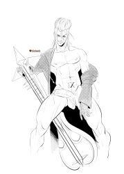 balls bara demyx dizdoodz instrument kingdom_hearts looking_at_viewer male male_only monochrome muscles muscular nobody_(kingdom_hearts) organization_xiii pantsless penis sitar solo solo_male square_enix tattoo