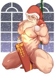 1boy abs arms_behind_back bara beard box candle_on_penis christmas completely_nude covering_crotch covering_privates erection facial_hair fire_light full_beard gift gift_box hat highres large_pectorals long_beard looking_at_viewer male_focus mature_male muscular muscular_male nakata_shunpei nipples nude old old_man one_eye_closed original pectorals penis penis_peek red_headwear santa_claus santa_costume santa_hat short_hair solo squatting thick_beard thick_eyebrows thick_thighs thighs