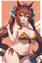 ai_generated animal_ears breasts daiwa_scarlet_(umamusume) female hips horse_girl pussy red_eyes ribbon_in_hair tiara tiger_print_bikini twintails umamusume umamusume_pretty_derby