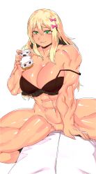 abs absurdres blonde_hair blush bow breasts female female_only grecale_(kantai_collection) green_eyes hair_between_eyes hairbow highres kantai_collection large_breasts minew muscular muscular_female non-web_source red_bow smile solo_female
