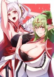 2girls absurdres alternate_breast_size alternate_costume armpits arms_behind_head black_gloves breasts cleavage female female_only fire_emblem fire_emblem_awakening fire_emblem_heroes flower gloves green_eyes green_hair grima_(fire_emblem) grimace hair_flower hair_ornament highres horns huge_breasts hydrangea large_breasts looking_at_viewer multiple_girls nintendo pointy_ears ponytail red_eyes robin_(female)_(fell_tactician)_(fire_emblem) robin_(fire_emblem) robin_(fire_emblem)_(female) smile teeth tiara tiki_(adult)_(fire_emblem) tiki_(fire_emblem) to_(tototo_tk) upper_body white_hair