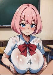 1boy 1girls ai_generated blue_eyes blush breasts classroom clothed_paizuri huge_breasts indoors inside looking_at_viewer opal_(tampopo) paizuri penis pink_hair red_bow school_uniform short_hair smile stable_diffusion sweatdrop tampopo white_shirt