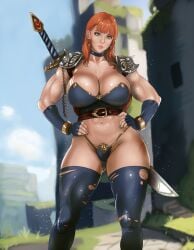 1girls abs armor bikini_armor choker earrings fantasy freckles hands_on_hips huge_breasts marci(simpbot2k) midriff oc orange_hair original original_character ripped_clothing simpbot2k solo sword thighhighs warrior