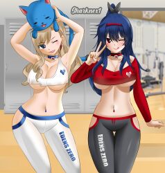 2girls b-cube b_cube big_breasts blonde_hair blue_eyes blue_hair breasts choker edens_zero excercise excercise_shorts exercising female_only gym gym_clothing gym_shirt gym_shorts gym_uniform happy_(edens_zero) homura_kogetsu leggings looking_at_viewer mole mole_under_mouth navel_piercing pants peace_sign rebecca_bluegarden red_eyes sharknex thick_thighs thighs tongue_out v_sign wink winking winking_at_viewer working_out