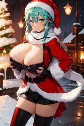 ai_generated big_breasts christmas_outfit cleavage huge_breasts rin8608 santa_costume santa_hat sinon sword_art_online sword_art_online:_phantom_bullet