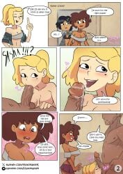 3girls aged_up amphibia anne_boonchuy artist_name blowjob blush comic comic_page disney english_text hatokamek licking_balls male marcy_wu page_2 page_number sasha_waybright tagme tagme_(artist) text text_bubble veiny_penis