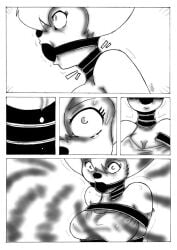 animate_inanimate asphyxiation ball_gag black_and_white choking comic comic_page gag gagged latex latex_hood living_clothes living_latex no_text peg_pete roxanne_(goof_troop) sweating tagme tearing_up