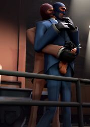 2boys bite biting blush clothed clothed_sex cum from_behind gay gloves handjob male male/male male_only public public_sex spy_(team_fortress_2) team_fortress_2