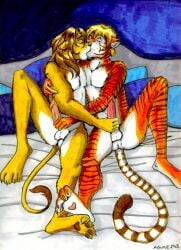 2boys anthro ayame_emaya bed claws duo felid feline furry gay hand_on_penis in_bed indoors inside kissing lion making_out male/male mutual_masturbation pawpads paws pillows tail tiger yaoi