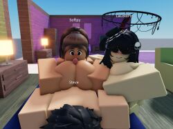 1boy 2girls 3d artist_request breasts dark-skinned_female dark_skin female male paizuri roblox roblox_avatar robloxian source_request tagme threesome titfuck titjob