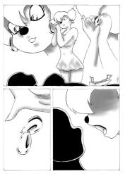 animate_inanimate asphyxiation black_and_white choking comic comic_page gag gagged latex latex_hood living_clothes living_latex no_text peg_pete roxanne_(goof_troop) tagme yuri