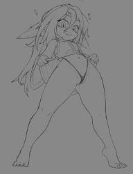 biped clothed clothing clothing_lift female genitals hair heart hi_res league_of_legends lulu_the_fae_sorceress mayhem_(artist) monochrome navel not_furry panties pupils pussy pussy_floss riot_games smile solo thick_thighs underwear yordle