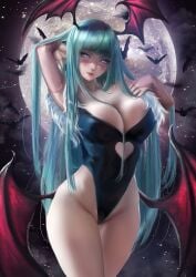 1girls bangs bat big_breasts capcom cleavage clothing darkstalkers demon_wings donyta female female_only full_moon green_eyes green_hair hair_lift hand_behind_head hartman_hips head_wings heart_cutout hi_res large_breasts leotard long_hair looking_at_viewer moon morrigan_aensland night_sky solo starry_sky succubus wings