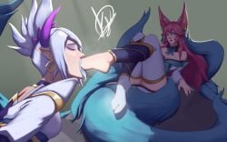 ahri blue_eyes facial_markings feet foot_fetish foot_focus foot_gagging foot_worship fox fox_ears fox_girl fox_tail kakifeet league_of_legends pink_hair riven spirit_blossom_ahri spirit_blossom_riven spirit_blossom_series tagme vastaya white_hair