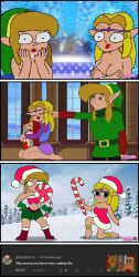 16-bit 1boy 1girls 2d :3 big_breasts blonde_hair blush candy candy_cane cd-i cereal christmas clothing covering_breasts elf_ears freckles gloves green_eyes hand_on_breast hat holding_object jewelry kneeling link lollipop long_hair looking_at_viewer medium_hair mlpfun nintendo nude painted_nails pixel_art princess_zelda ring santa_costume santa_hat scarf shorts smile snow standing surprised the_legend_of_zelda thick_thighs ytp zelda_(cd-i)