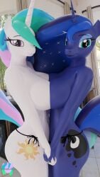 alicorn anthro blue_body blue_eyes blue_hair blue_skin breasts cutie_mark equid equine eyelashes female friendship_is_magic green_hair hasbro horn lips mammal multicolored_hair my_little_pony nails pink_eyes pink_hair pootanger_sfm princess_celestia_(mlp) princess_luna_(mlp) siblings sister sisters smile tail white_body white_skin