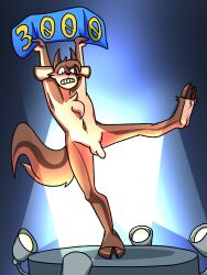 2023 3:4 absurd_res anthro balls blush blush_lines bovid brown_body brown_fur capri_(deerkid) caprine cheek_tuft chest_tuft clenched_teeth deerkid digital_drawing_(artwork) digital_media_(artwork) embarrassed facial_tuft feet flaccid floppy_ears fluffy fluffy_tail foreskin fur genitals goat head_tuft hi_res holding_object holding_sign hooves horn humanoid_genitalia humanoid_penis looking_down male mammal milestone multicolored_body multicolored_fur navel nude number on_one_leg penis plantigrade platform raised_arms raised_leg robablo sign simple_background solo spotlight standing tail teeth tuft two_tone_body two_tone_fur two_tone_tail