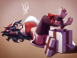 ahri black_hair christmas facial_markings feet foot_fetish foot_focus fox fox_ears fox_girl fox_tail kakifeet league_of_legends sharp_toenails stirrup_legwear tagme vastaya yellow_eyes