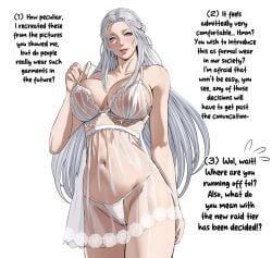 1girls blue_eyes dialogue final_fantasy_xiv hydaelyn jamjam jamjamstyle lingerie looking_at_viewer solo_female text transparent_clothing venat_(ffxiv) white_hair