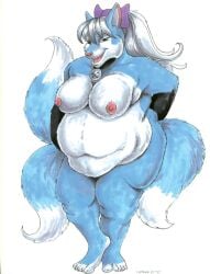 2004 3_tails anthro ayame_emaya bell bow breasts canid canine collar female_fox fox furry kitsune multicolored_body multicolored_fur multiple_tails nipples overweight overweight_anthro overweight_female ponytail ribbon vulpine white_hair