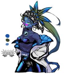 2023 3_eyes bandana blue_body blue_skin bra cannabis_curse_master_mariphala-chan clothing demon digital_media_(artwork) drugs ear_piercing ear_ring eyewear female fishnet fishnet_clothing green_eyes green_hair hair hand_in_pocket hi_res humanoid humanoid_pointy_ears jacket jewelry kerchief latex latex_clothing latex_legwear legwear long_hair marijuana model_sheet multi_eye necklace original otimusixya piercing pockets pubic_tattoo ring_piercing sharp_teeth solo sunglasses teeth topwear underwear