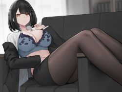 1girls 2022 black_hair black_jacket black_skirt blue_bra bob_cut bra breasts cleavage couch eyebrows_visible_through_hair female female_only floral_print hayabusa highres indoors jacket large_breasts leaning_back looking_at_viewer miniskirt mole mole_on_breast mole_under_mouth navel oc office_lady on_couch open_clothes open_jacket open_smile orange_eyes original original_character pantyhose pencil_skirt shirt short_hair sitting skirt solo teeth underwear white_shirt window