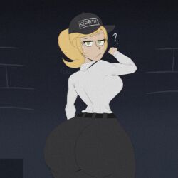 1girls ass big_ass blonde_hair clothed clothed_female exaggerated_anatomy female female_only five_nights_at_freddy's five_nights_at_freddy's:_security_breach hat hyper_thighs looking_at_viewer looking_back ls massive_thighs ponytail security_guard solo solo_female thunder_thighs unrealistic_body_standards unrealistic_proportions vanessa_(fnaf) vhs vhs_filter