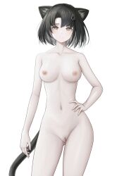 absurdres animal_ears arknights ass_visible_through_thighs black_hair breasts bright_pupils brown_eyes cat_ears cat_girl cat_tail collarbone completely_nude contrapposto cowboy_shot female hair_ornament hand_on_own_hip highres looking_at_viewer mandragora_(arknights) medium_breasts navel nipples nopetroto nude pale_skin parted_lips pussy short_hair simple_background solo stomach tail uncensored white_background