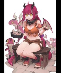 1girls ahoge ankle_cuffs bangs black_nails black_toenails blush bones braid breasts clawed_feet clawed_toes cleavage clothed clothing collar crop_top cuff_(restraint) dragon dragon_girl dragon_wings drool eating eyebrows eyebrows_visible_through_hair eyelashes feet female food food_bowl hair_tie holding_object horns legs light-skinned_female light_skin lips long_hair long_toenails looking_at_viewer midriff navel navigavi pointy_ears saliva sharp_toenails short_shorts shorts sleeveless smile tail thighs toe_claws topwear torn_clothes twin_braids twintails white_background wings yellow_eyes