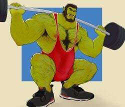 balls bara beard big_balls big_penis black_hair body_hair boner chest_hair erection erection_under_clothes facial_hair green_body green_skin male male_only muscles muscular orc penis razzper shoes singlet solo solo_male spread_legs weightlifting