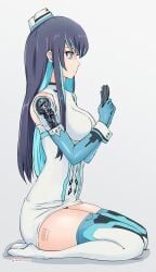 1girls aqua_hair arm_gloves bangs barcode barcode_tattoo bare_shoulders black_hair blue_clothing blue_eyes blue_gloves colored_inner_hair eilietta_lash gloves_cutoffs medium_breasts multicolored_hair nurse_cap nurse_uniform playing_card robot robot_girl robot_joints robotic_arm sitting sitting_on_floor stockings stockings_thigh_highs thighs transparent_body white_clothing zenonzard