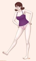 alternate_version_available bashfulbeckon bra clothed_female glasses hannah_okiko_(bashfulbeckon) original panties solo_female solo_focus spaghetti_strap tank_top