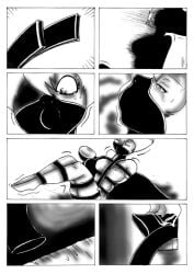 animate_inanimate asphyxiation black_and_white choking comic comic_page gag gagged latex latex_hood living_clothes living_latex no_text peg_pete roxanne_(goof_troop) sweating tagme tearing_up