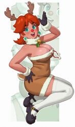 1girls 2023 bimbo blue_eyes breasts brown_hair christmas cleavage clothing female female_focus female_only huge_breasts large_breasts light-skinned_female light_skin long_hair looking_at_viewer mario_(series) nintendo open_mouth orange_hair princess_daisy reindeer_costume rizdraws simple_background smile solo source_request white_background