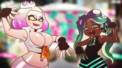 2girls alternate_body_type alternate_breast_size attribute_swap big_breasts female female_only flat_chest inkling manyakis marina_(splatoon) octoling off_the_hook_(splatoon) pearl_(splatoon) pose role_reversal splatoon splatoon_(series) splatoon_2