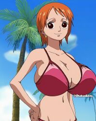 ai_generated big_breasts bikini breast_expansion female female_only ginger ginger_hair nami nami_(one_piece) neckline one_piece orange_hair otakusedits pre-timeskip screencap screenshot screenshot_edit solo_female swimsuit