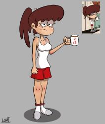 aged_up autart boxers breasts clothed coffee_mug female lynn_loud nickelodeon older sleeveless_shirt solo standing the_loud_house