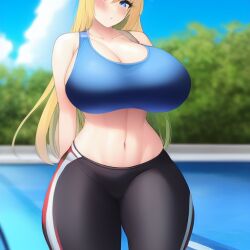 1girls ai_generated bangs bare_arms bare_shoulders big_breasts blue_eyes blue_sky blush breasts cloud collarbone dark_blonde_hair daytime female front_view huge_breasts large_breasts long_hair looking_at_viewer midriff nai_diffusion navel original original_character outdoor outdoors pants pool solo sports_bra stable_diffusion thick_thighs thigh_gap thighs