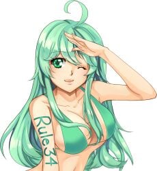 1girls ahoge bikini bikini_top breasts cropped cropped_image curtains_match_windows green_eyes green_hair light-skinned_female long_hair lucidsky navel rule_34-tan rule_34_(booru) salute site-tan tattoo wink winking_at_viewer writing_on_arm writing_on_body