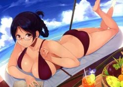 bare_arms bare_back bare_legs bare_midriff bare_shoulders bare_thighs barefoot belly_button big_breasts big_breasts blush blush_lines book cleavage deck_chair drink drinking_glass fruits glasses inner_sideboob long_hair midriff navel one-piece_swimsuit orange_juice purple_hair purple_sling_bikini purple_slingshot_swimsuit purple_swimsuit purple_swimwear red_eyes red_glasses ridget_(suisei_no_gargantia) sideboob sling_bikini sling_swimsuit slingshot_bikini slingshot_swimsuit suisei_no_gargantia swimsuit swimwear thick_thighs tied_hair