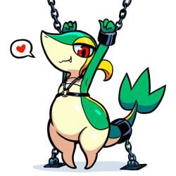 1:1 ai_generated arms_above_head bondage bondage bound chained chains cuff_(restraint) feral generation_5_pokemon harness heart hellsonger nintendo pokemon pokemon_(species) red_eyes reptile restraints scalie shackles simple_background snivy solo white_background