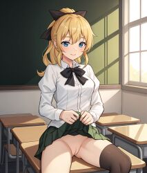 ai_generated blackboard blonde_female blonde_hair blue_eyes bowtie classroom hairbow katawa_shoujo leukocrisp looking_at_viewer satou_lilly school_uniform schoolgirl shaved_pussy sitting_on_desk skirt skirt_lift smile smiling smiling_at_viewer