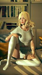 blonde_female blonde_hair blonde_hair_female book books bookshelf caucasian caucasian_female couch couch_sitting green_eyes honey_select_2 knee_socks kneehighs kneesocks legwear light lipstick living_room panties pillow pillows room shirt sitting sitting_down skirt warm warm_colors warm_lighting white_legwear white_panties white_shirt white_skin