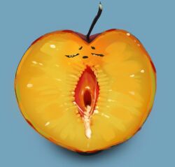 blue_background closed_eyes fiochalx food fruit fruit_focus no_humans open_mouth original peach peach_slice sexually_suggestive simple_background suggestive_fluid yonic_symbol