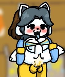 1girls ambiguous_gender anthro belly_bulge big_breasts brown_hair bulge cat_ears clothed clothing collar cum cum_in_pussy cum_inside dog_ears frisk gray_hair holding legokoopa_(artist) lifting lifting_leg paws self_upload temmie temmie_(undertale) thick_thighs tongue tongue_out undertale undertale_(series) vaginal_penetration vaginal_penetration vaginal_sex white_fur yellow_skin