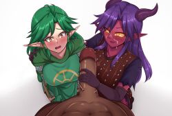 2girls alternate_version_available cum_on_face dark-skinned_male dungeons_and_dragons elf embarrassed eriawynn fully_clothed multiple_girls redwen tales_from_the_tables tiefling wakkiau