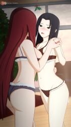 2girls ass big_breasts black_eyes black_hair blue_hair bra breast_press christmas embarrassed female female/female female_only holding_hands holly_(plant) human imminent_kiss koikatsu long_hair looking_at_another mature mature_female midriff milf nail_polish naruto naruto_(series) naruto_shippuden no_visible_genitalia otsukira panties patreon_username red_hair uchiha_mikoto underwear uzumaki_kushina very_long_hair yuri