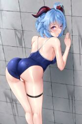 ahoge alternate_costume alternate_hairstyle ass back bangs bar_censor bare_arms bare_shoulders bent_over blue_hair blue_one-piece_swimsuit blush breasts censored clothing_aside commentary_request condensation contemporary feet_out_of_frame female ganyu_(genshin_impact) genshin_impact glass goat_horns hair_up highres horns indoors legs long_hair looking_at_viewer looking_back matrix16 medium_breasts mixed-language_commentary one-piece_swimsuit open_mouth paid_reward_available purple_eyes pussy raised_eyebrows school_swimsuit shower_(place) sidelocks solo standing swimsuit swimsuit_aside thigh_strap thighs tile_wall tiles wet wet_clothes wet_swimsuit