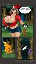 art:h3liossama breasts_bigger_than_head forest forest_background h3_sama haunter huge_breasts large_breasts may_(pokemon) may_in_the_forest page_1 pokemon pokemon_rgby torchic