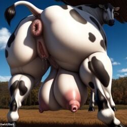 1girls ai_generated anus ass ass_focus bovine butt darkeffect donut_anus female_only furry hooves hyper_crotchboobs lactation looking_at_viwer looking_back presenting_hindquarters puffy_anus pussy pussy_juice rear_view spots thick_thighs udders wide_hips